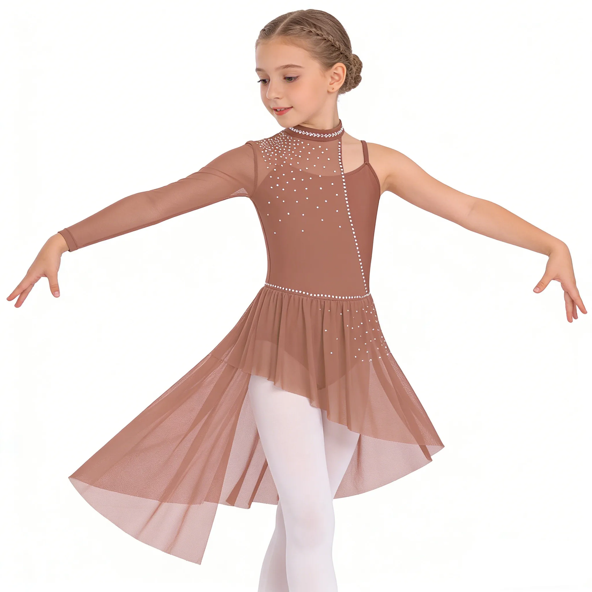 6-16Y Girl Lyrical Dance Dress Sheer Mesh Rhinestone Modern Dancewear Figure Skating Gymnastic Acrobatics Ballet Leotard Dresses