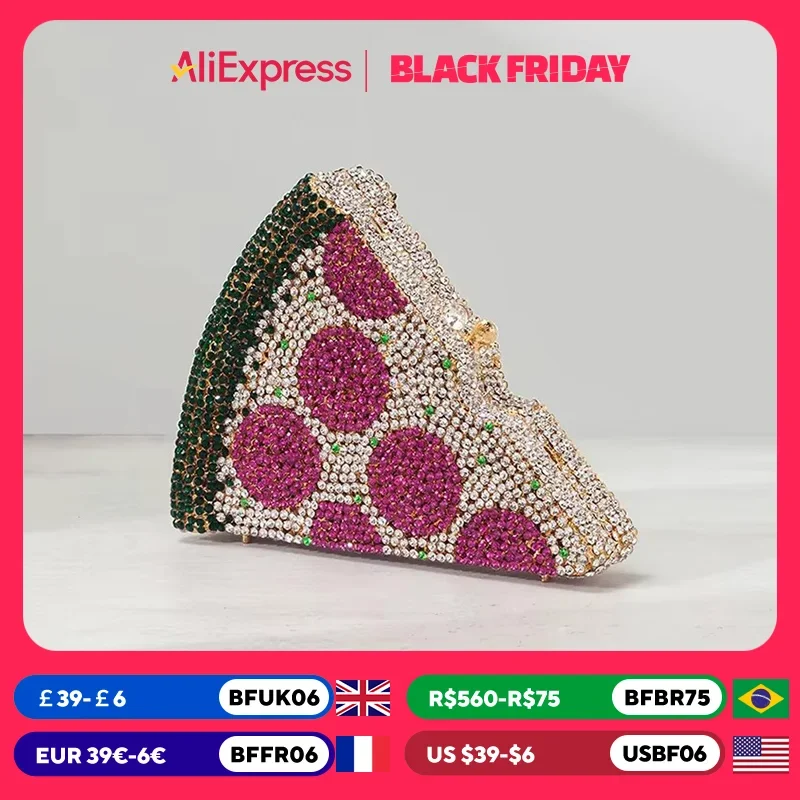 Alizekerr Pizza Shaped Diamond Evening Clutch Bags 2024 New Gorgeous Unique Metallic Watermelon Rhinestone Purses Wedding Party