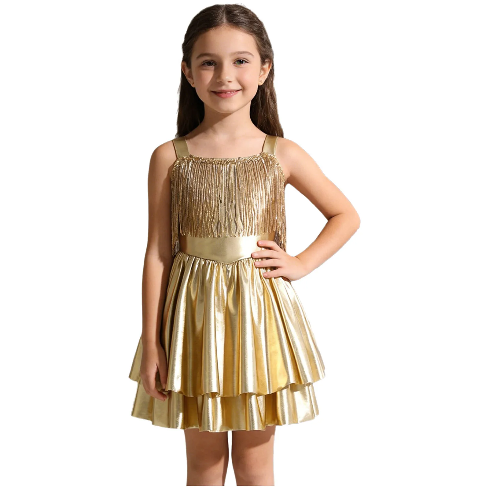 Sukienka dla dziewczynki, metaliczna, błyszcząca, na przyjęcie, z cekinami, frędzlami, bez rękawów, warstwowa, rozkloszowana, na ramiączkach, na konkurs piękności, występ sceniczny, bal taneczny.