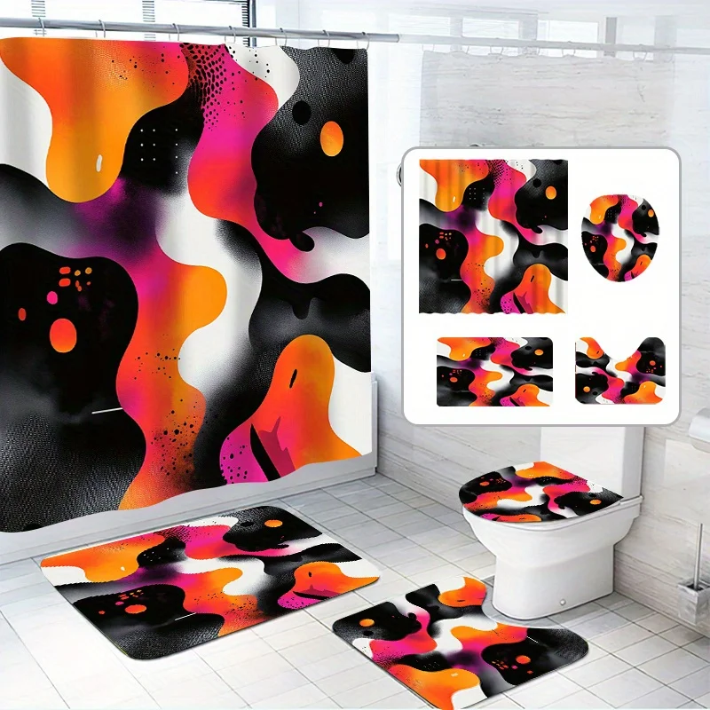 

4pcs, Color Collision Shower Curtain Set, Fantasy Colors, with 12 Hooks, Polyester Fabric, with Bathroom Non-Slip Mat, Decorat