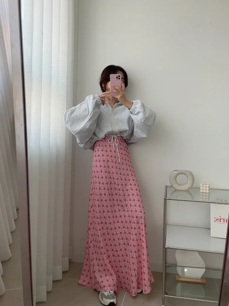 

Floral Print ter Ne Long Dr Women's Vintage Elastic Waist Slimming Dra Skirt Sle Commute Spring Season China Or...