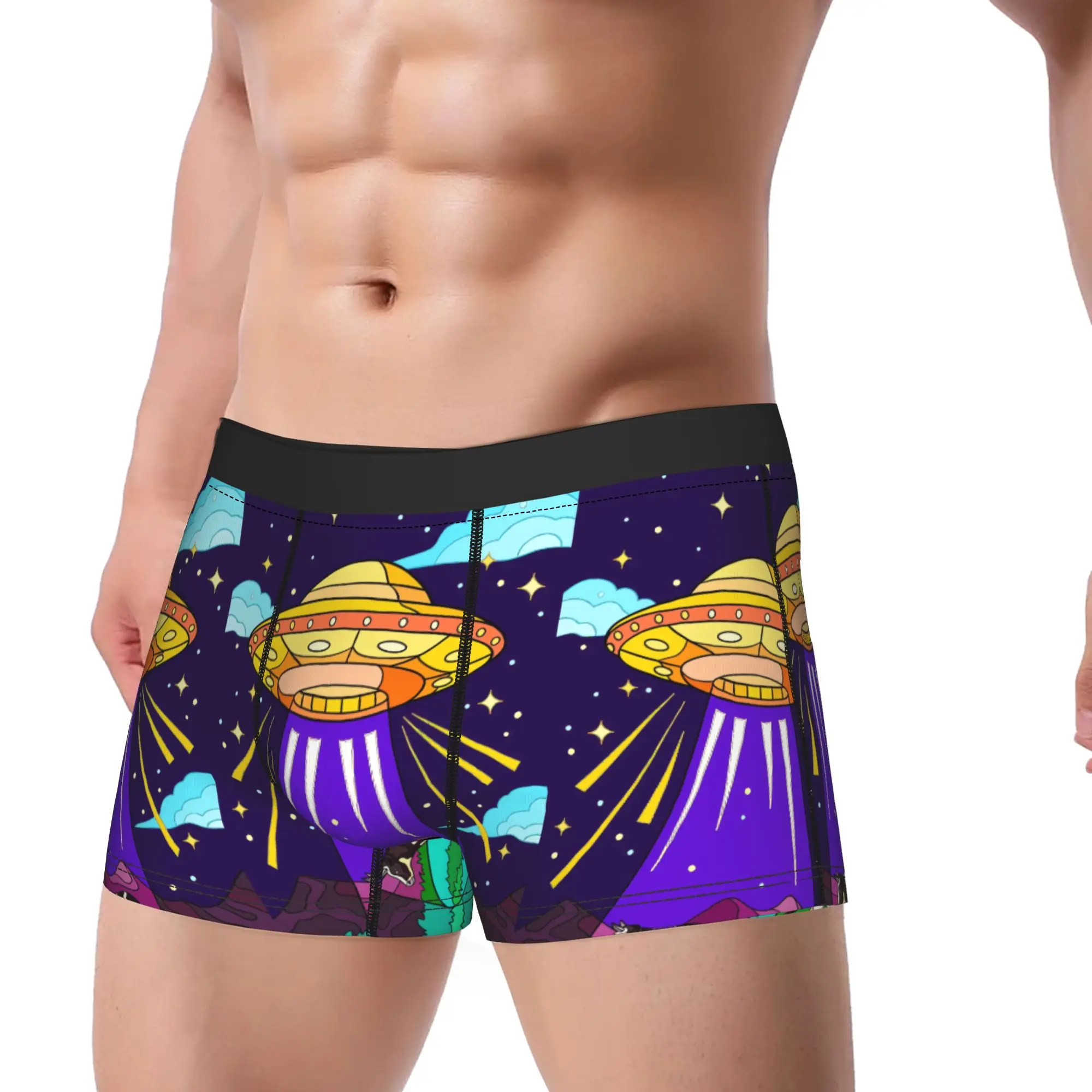 Retro Fun Alien Ufo Cow Abduction Art Underwear  Soft Trend Underpants Printed Boxer Brief For Men 3D Pouch Large Size Trunk