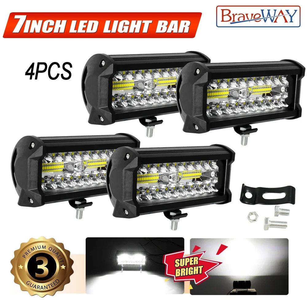 Braveway Universal 4er-Set 7 Zoll Arbeitsleuchte LED-Fahrlichtleiste Spot- und Flutlichtstrahl 12V 24V für LKW, PKW, SUV, 4x4, Boot, ATV, UTV