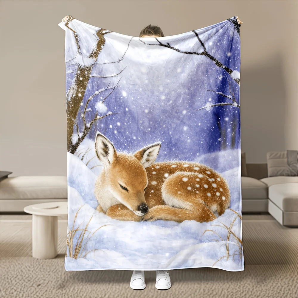 1pc Snow Deer Flannel Blanket, Ultra Soft Warm And Cozy, All-Season Versatile Use, 280GSM Heavy, Multi-Size, Machine Washable, Perfect for Bedroom, Sofa, Home Decor, Office Nap, Dorm And Car, Winter Throw, Ideal Gift Choice