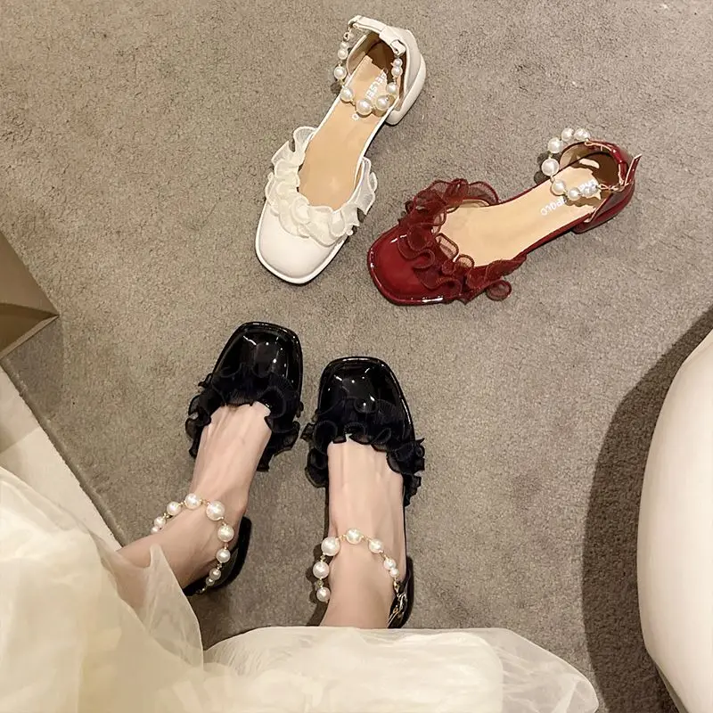 

Thick Heel Sandals Women's 2023 Summer New Pearl Button Soft Mary Jane Evening Style Single Shoe Women leather shoe 5cm red