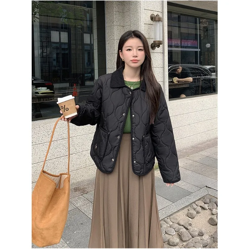 Sweet Quilted Jacket Embroidery Cotton Padded Jacket Women's Autumn Winter Lightweight Single-breasted Pocket Coat Long-sleeved