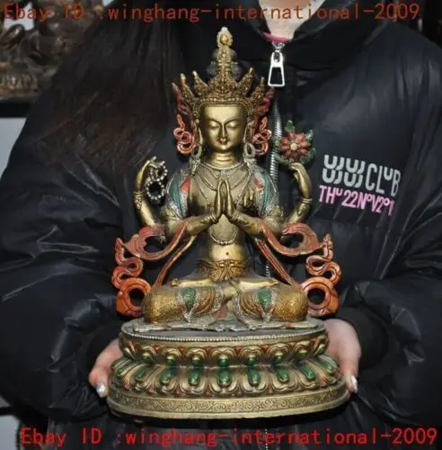 

13 & #034; Старые фотоблестки, позолоченные 4 руки, револьвер тара Кван-Инь