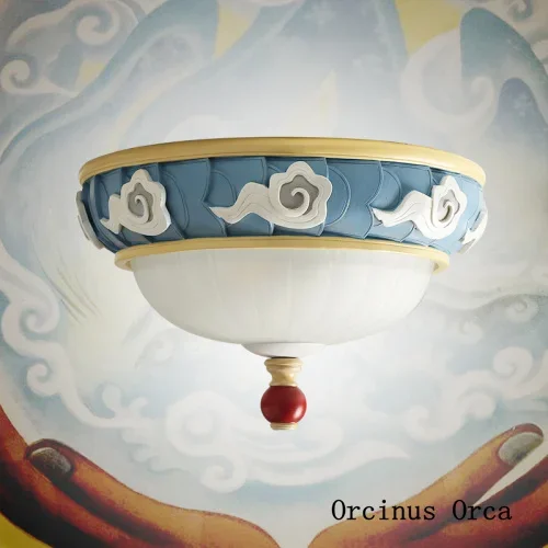 

New Chinese style color retro ceiling lamp creative round led glass ceiling lamp for children's room bedroom free shipping