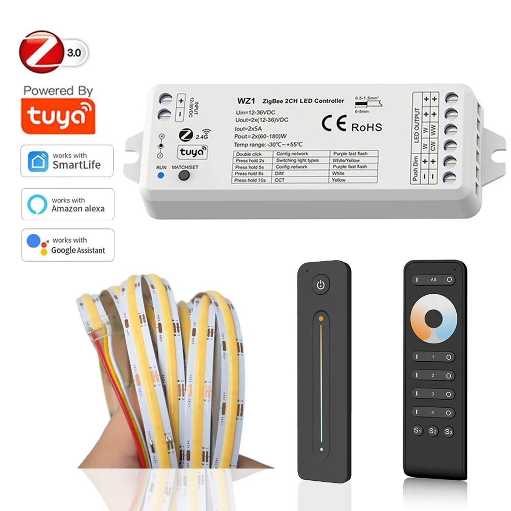 Tuya Zigbee Smart Led Controller Dimmable 12V 24V COB CCT Strip 2.4G Wireless Remote Control f Alexa Google Assistant SmartThing