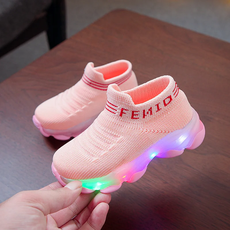 Kids Sneakers Children Baby Girls Boys Letter Mesh Led Luminous Socks Sport Run Sneakers Shoes Infant Light Up Shoes