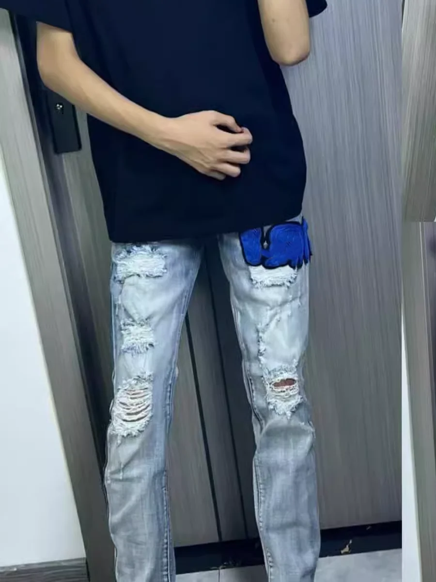 

Корейские джинсы унисекс с вышивкой и прорезями, летние, ретро, облегающие, длинные брюки, повседневная молодежная мода