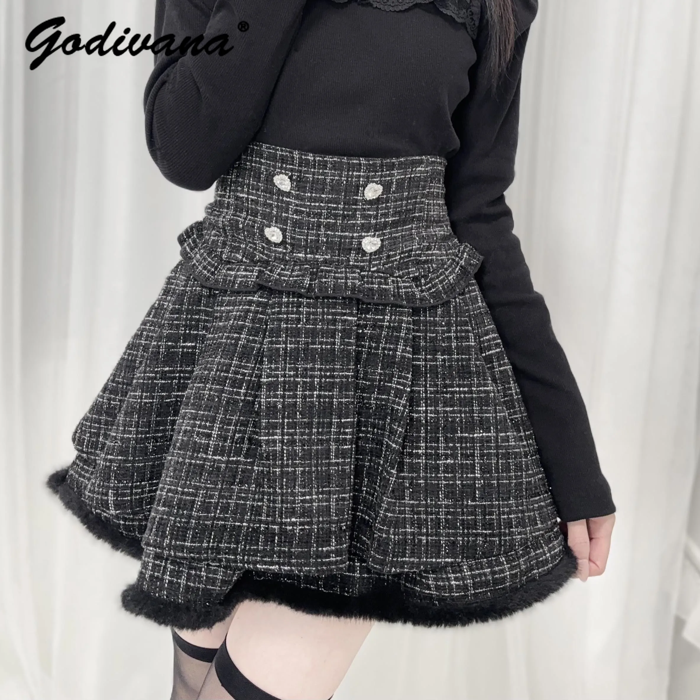 New Autumn and Winter Double-layer High-waisted Tweed Short Skirt Japanese Mine Mass-produced Women's Woolen Skirts