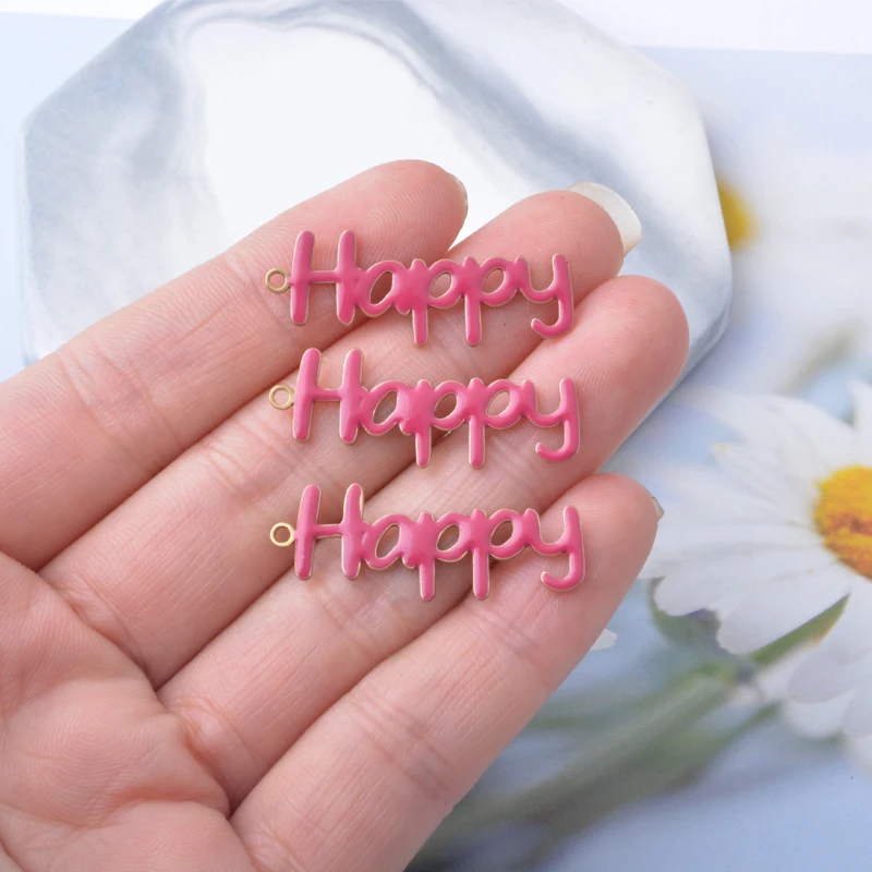 10 Stück Kupfer-Anhänger in Form von Buchstaben „Happy“ mit beidseitiger Emaillebeschichtung, Öltropfen-Optik, für DIY-Schmuckdekoration. – Detail 6