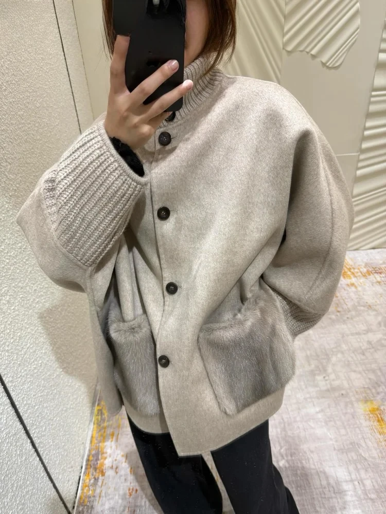 

Loose Knit Fur Women's Sweater Casual Standup Collar Long Sleeve Single-breasted Female Cardigan 2025 Winter Pocket Knitwear