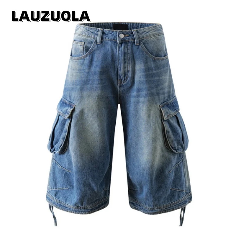 Baggy Cargo Jorts Men Retro Side Flap Pockets Knee Length Wide Leg Denim Shorts Hip Hop Streetwear Casual Summer Short Pants