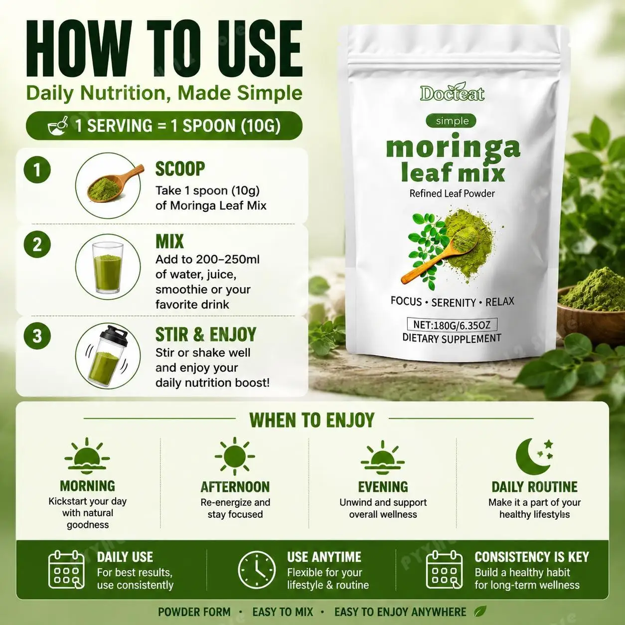 Docteat Moringa Leaf Mix Powder with Calcium and Iron for Bone Structure Needs and Iron Intake Balance Vegan Gluten-Free 180g