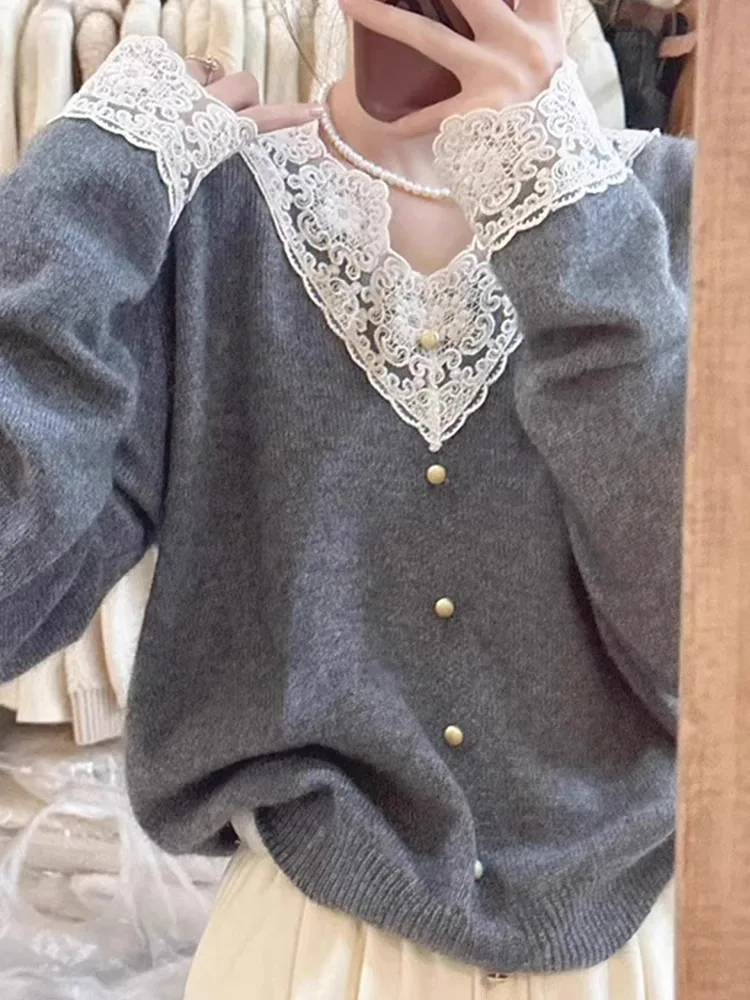 

Sweet Ele Lace Splice Knitted Sweater Women's Long Sve Overhead Buttoned Unique Sweater Autumn Winter Comfortable Sle