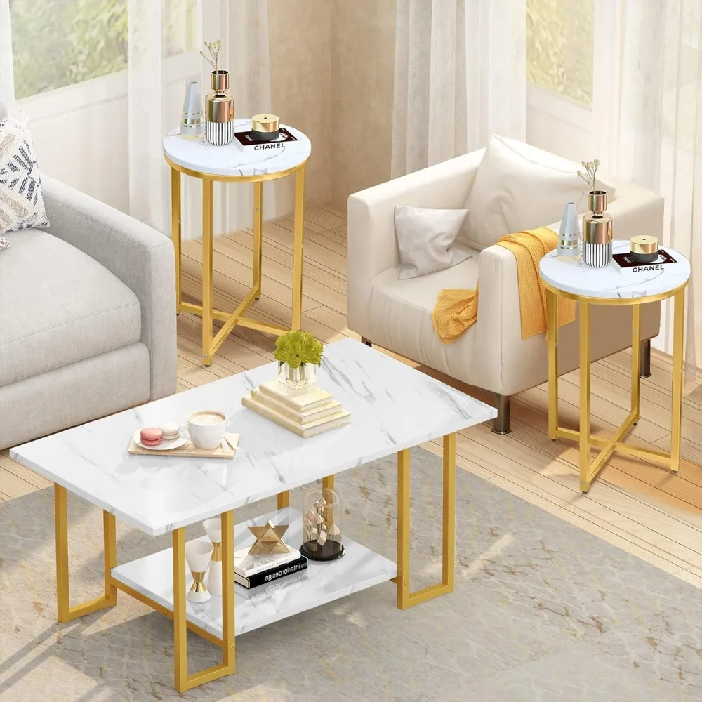 Coffee Table Set of 3, Modern 2-Tier Coffee Table with 2 Round End Side Tables, Modern Living Room Table Set Faux Marble Top wi