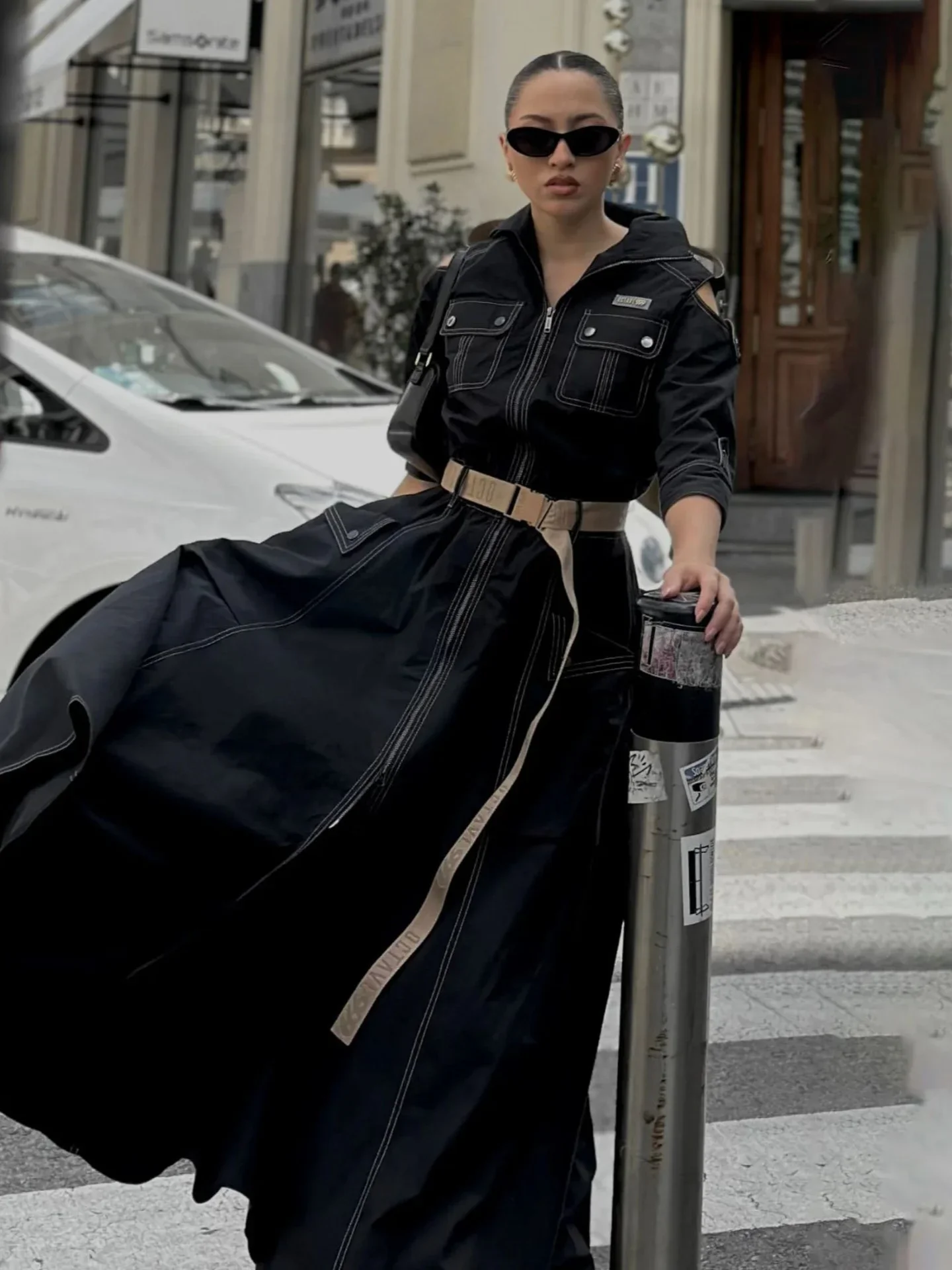 

Retro Maxi Shirt Dress Women 2025 Turndown Neck Half Sleeve Zipper Belt Pockets Long Dress Ladies Streetwear Women Clothes
