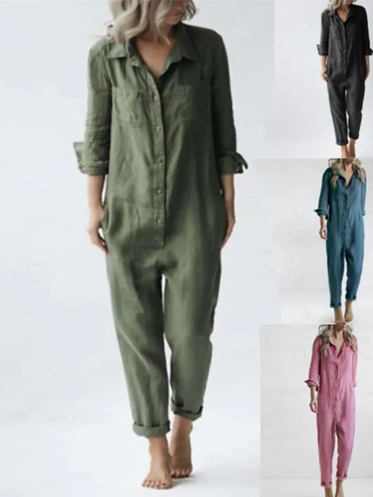 

Casual Cotton One-Piece Jumpsuit with kets Long Sve High Waist Straight Leg een Color for Women Street Sle Autumn Wear
