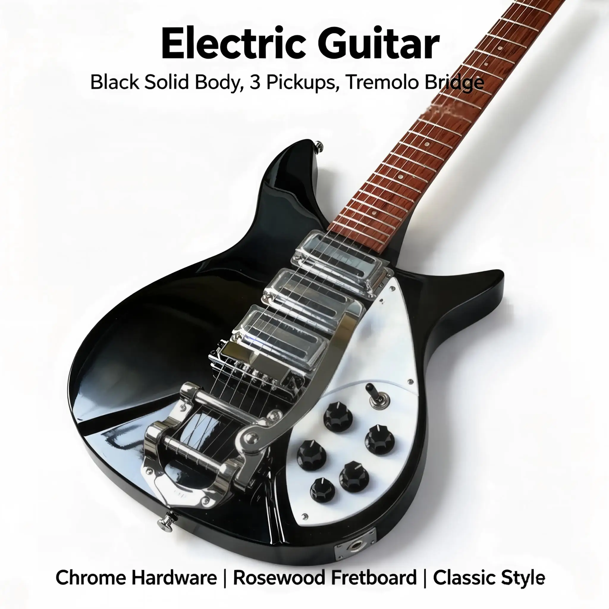 Gloss Black Offset Electric Guitar, SSS Pickups, Vintage Tremolo, White Pickguard, Chrome Tuners, 22 Frets