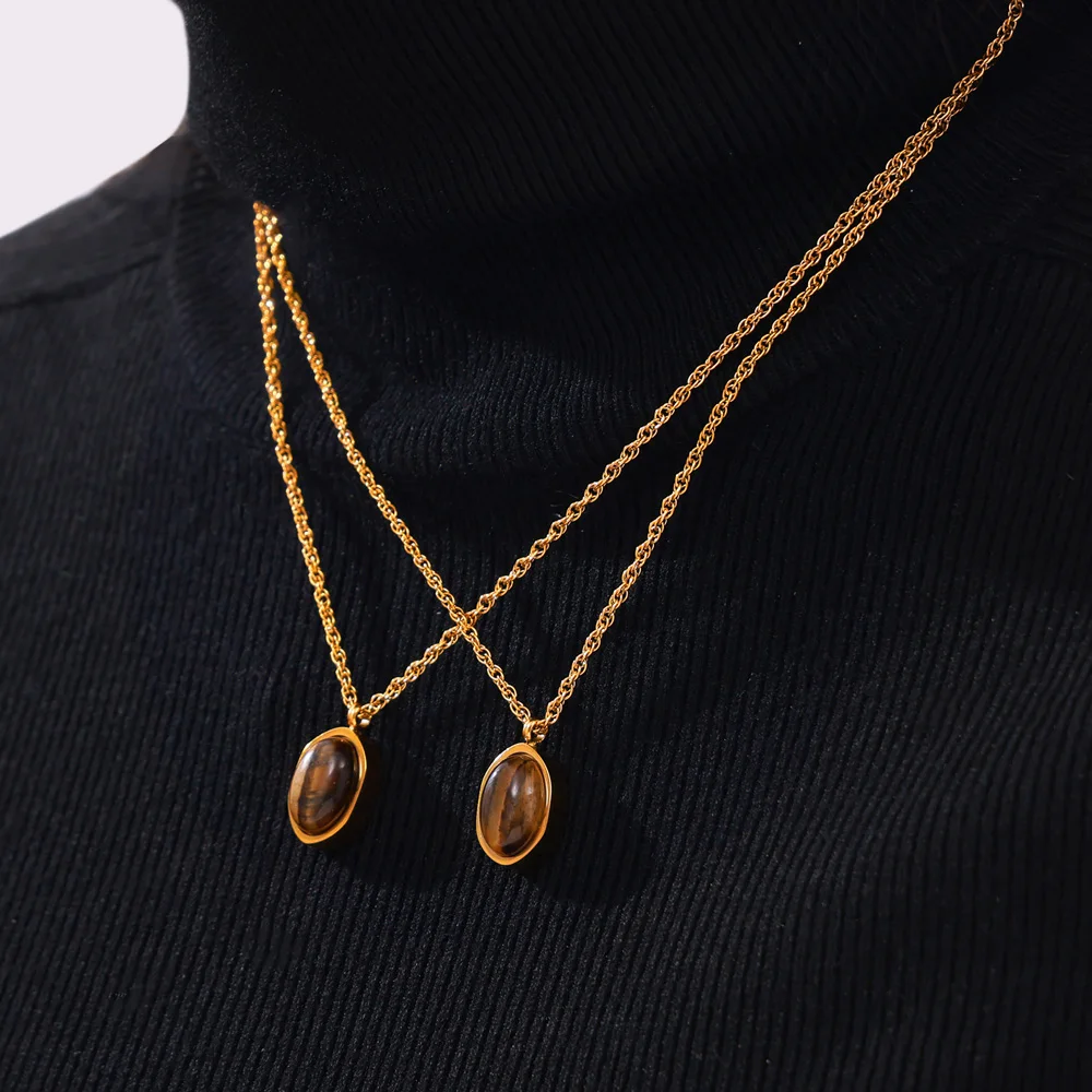 

Vintage Oval Tiger's Eye Pendant Necklaces For Women Stainless Steel Box Chain Women Choker Sweater Chain Necklace Charm Jewelry