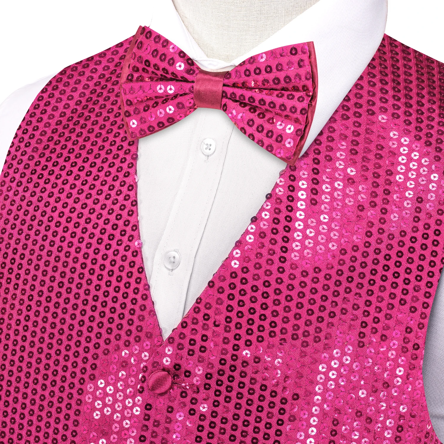 Hi-Tie Jacquard Hot Pink Sequin Collar Suit Vest Slim Fit Waistcoat for Wedding Groomsmen V-Neck Tuxedo Sleeveless Jacket