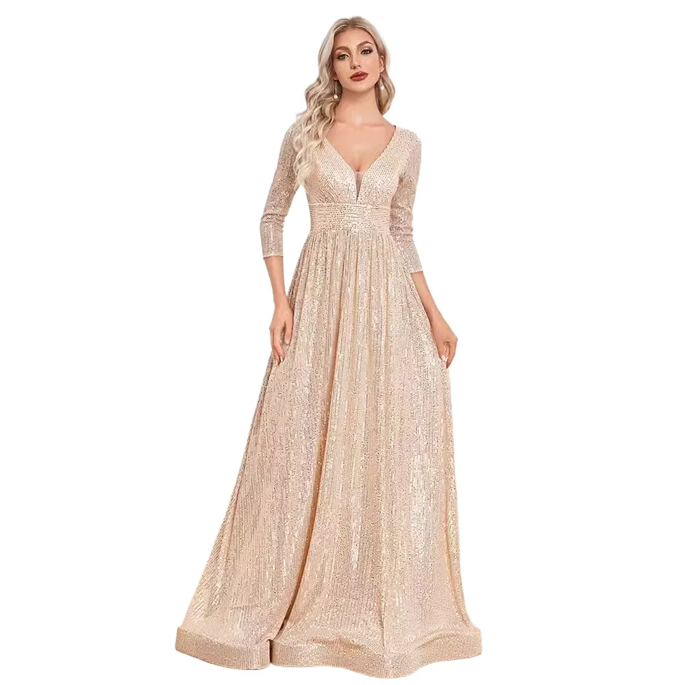 Elegant V-neck Sequined Long Formal Evening Party Dress With Three Quaters Sleeves