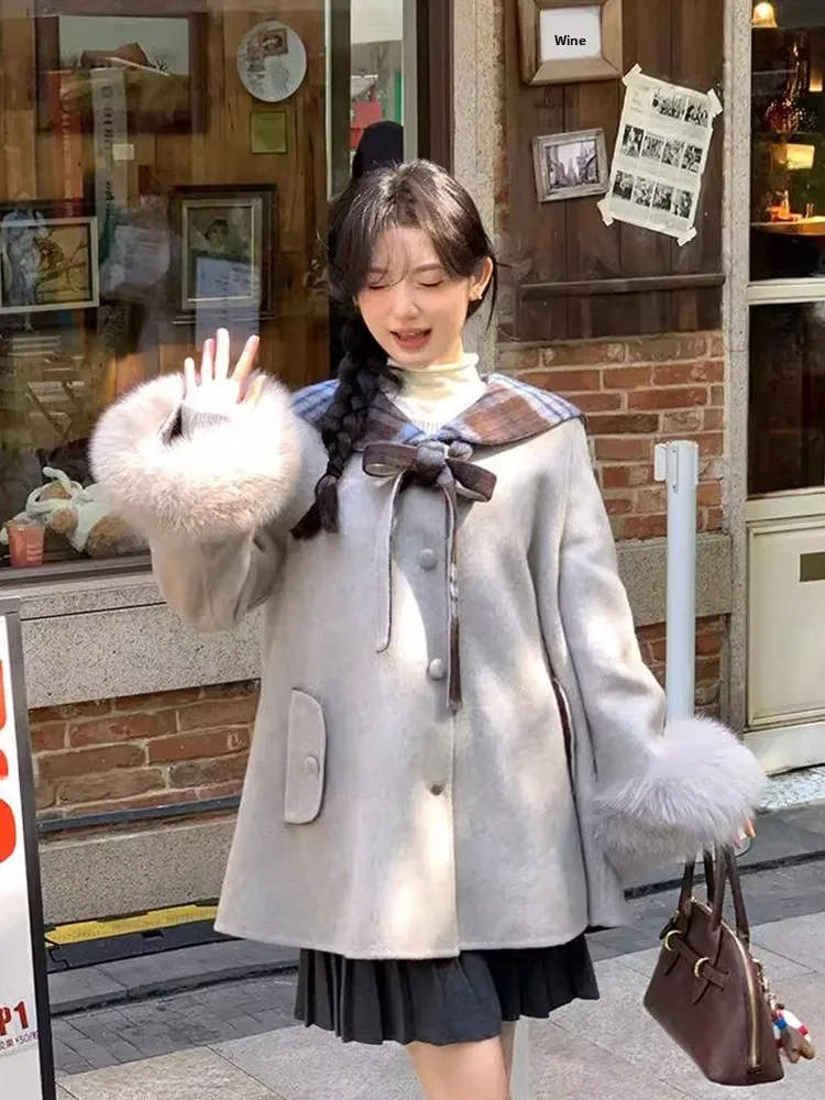 

Korean Sle Plaid Splicing Navy Collar Woolen Coat Women Winter Small Size Loose Medium Length ey Woolen Coat