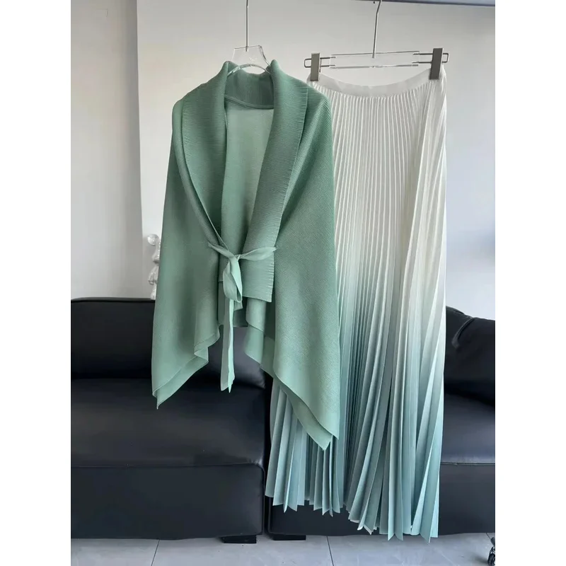 2024 Miyake Pleated Solid Color Butterfly Sleeve Top Gradual Change Skirt Two-piece Fashion Cardigan Spring and Autumn New Suit image 6