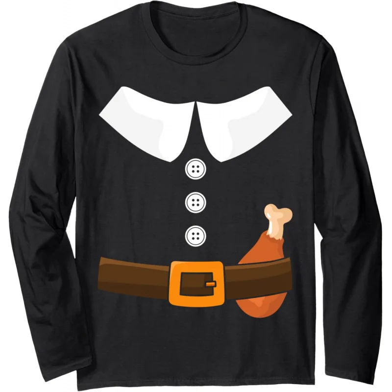 Interesting Thanksgiving long sleeved T-shirt pilgrim costume paired with turkey leg pattern design