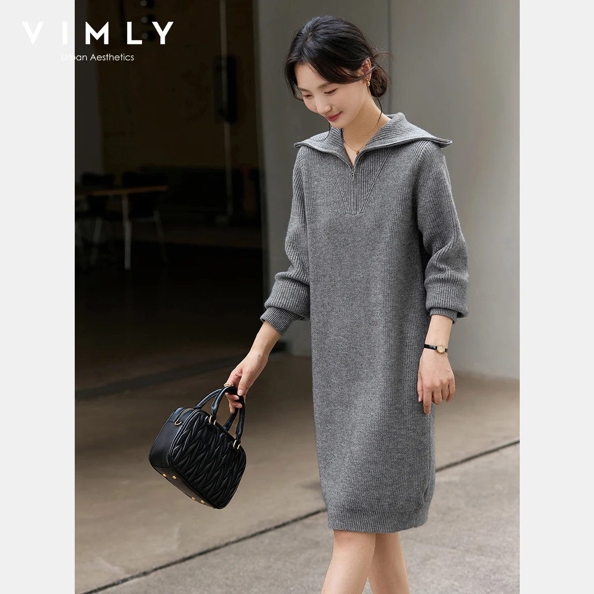 VIMLY ชุดเดรสไหมพรมผู้หญิงสีเทาแบบซิปครึ่งตัว สไตล์ลำลอง สำหรับฤดูใบไม้ร่วง 2025 รุ่นใหม่ ปกเสื้อพับได้ แขนยาว ความยาวปานกลาง ชุดเดรสไหมพรมผู้หญิง รุ่น 75193
