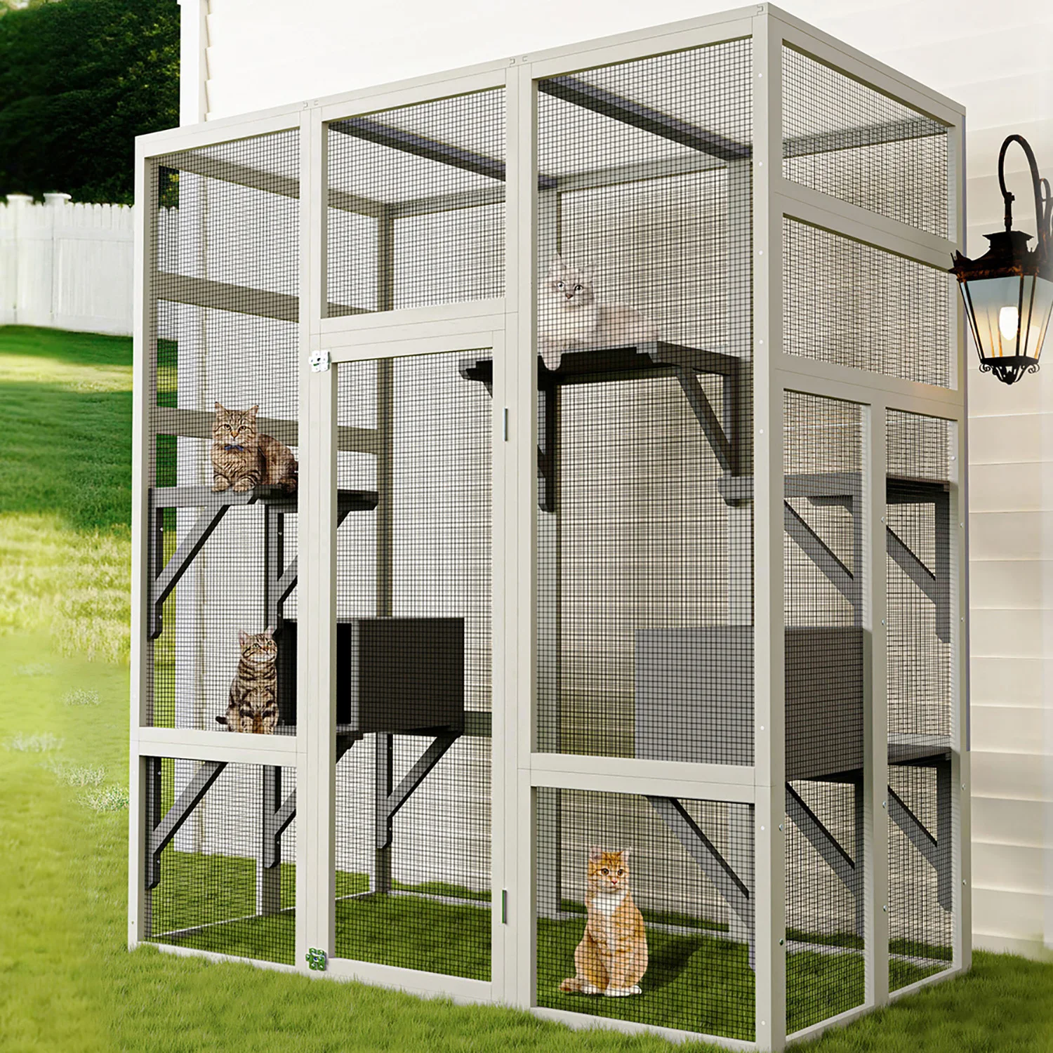 2-in-1 Outdoor-Katzengehege & Holz-Katzenhaus - UV-/Wasserfestes Polycarbonat-Dach - 5 Plattformen, 2 Liegeboxen - Rostfreies Drahtgitter - 160x82x178 cm
