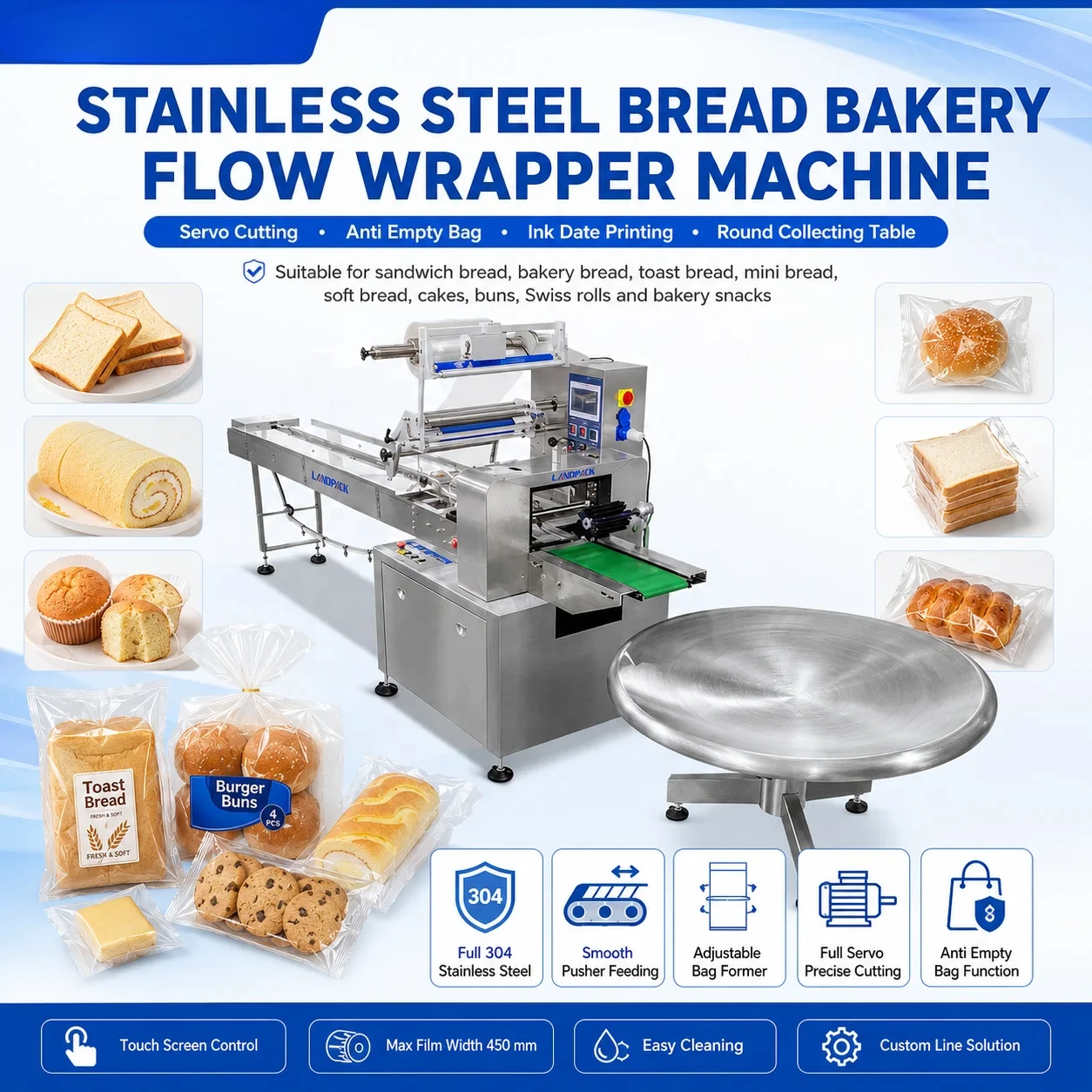 Toast Brownies Donut Muffins Sliced Flat Bread Sandwich Pillow Flow Wrapping Packaging Packing Machines Machine