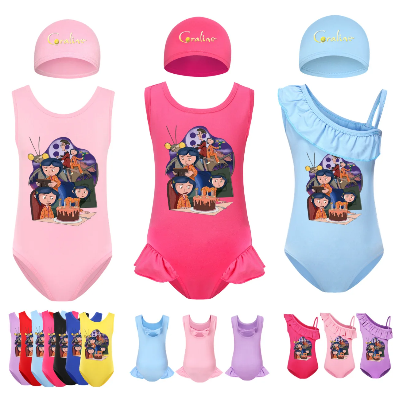 Coraline Swimwear Kids One Piece Beach Wear Child Baby Cute Backless Swimming Toddler Girls Cartoon Swimsuit+cap 2pcs Sets3060