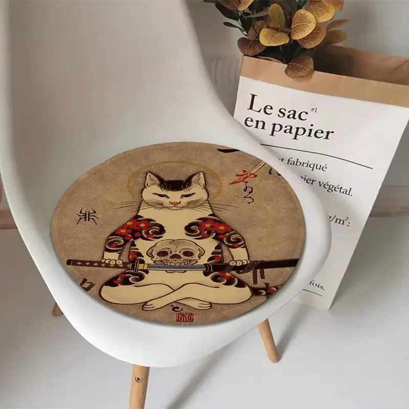 Japan Samurai Cat Cat Tattoo Creative Stool Pad Patio Home Kitchen Office Chair Seat Cushion Pads Sofa Seat 40x40cm Seat Mat