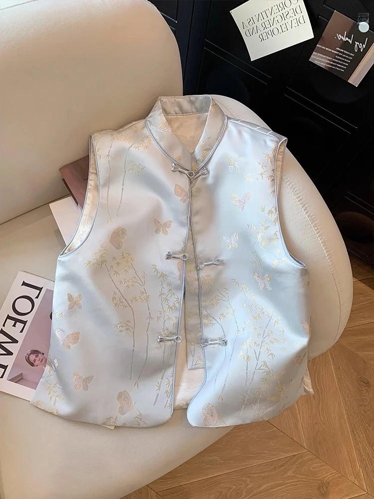 

Новая китайская вышитая жилетка с воротником-стойкой для женщин, весенне-осенний дизайн, ретро-топ на пуговицах
