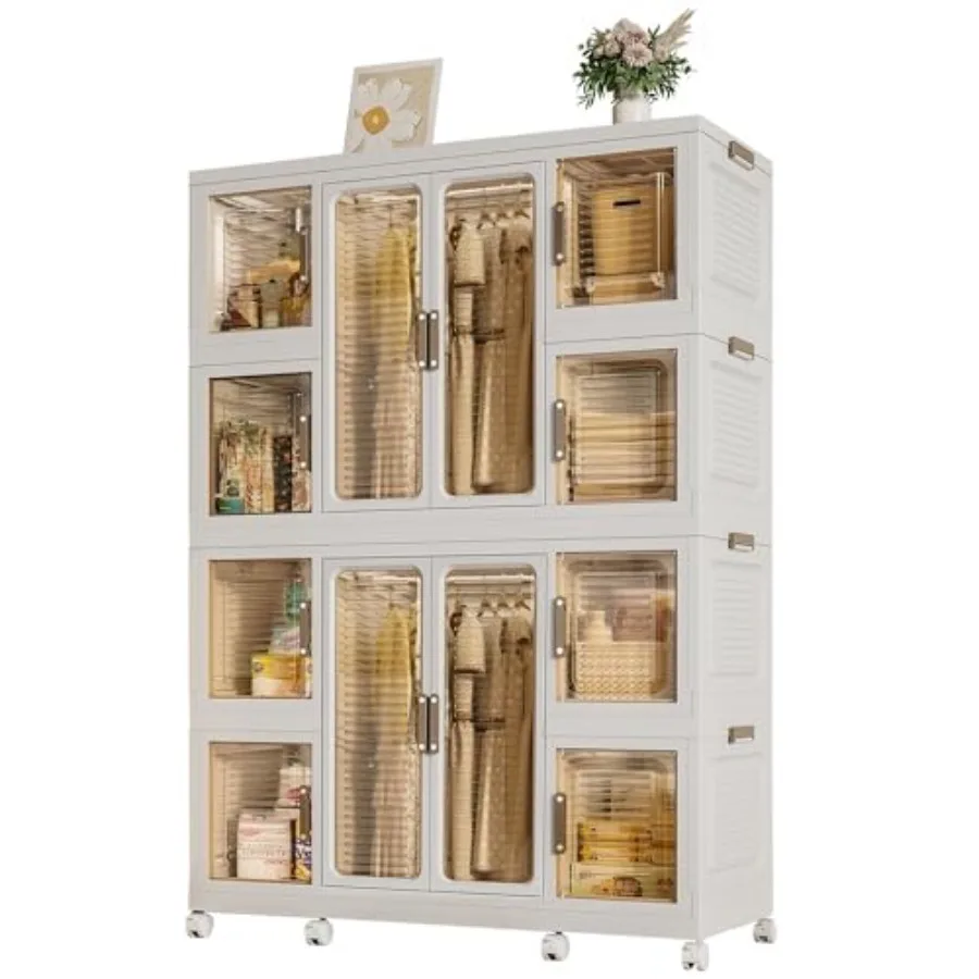 

Portable Wardrobe Closet Storage Organizer for Clothes, Plastic Collapsible Closet Organizer with Magnetic Transparent Door, fo