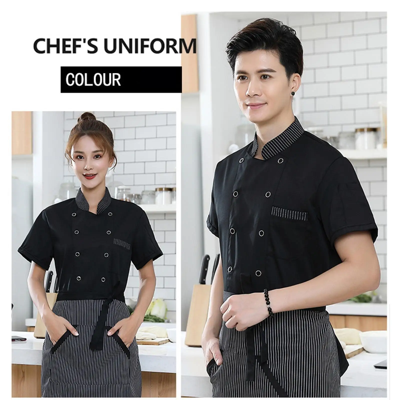Restaurant Work Short Sleeved Uniform And Durable Fabric For Chefs And Durable. Double Breasted Is Black 3XL
