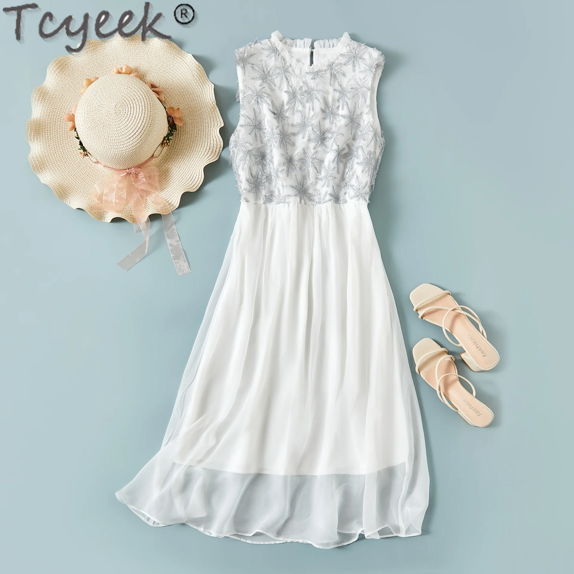 Tcyeek Real Mulberry Silk Womens Dresses New Style 2024 Elegant Dresses for Women Clothes Embroidery Summer Dress Sleeveless