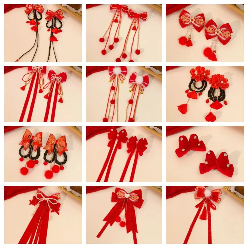 Cute Ribbon Red Bow Hair Clip New Year Wig Plush Ball Hairpin Fringe Hair Accessories Princess Forehead Chain Women