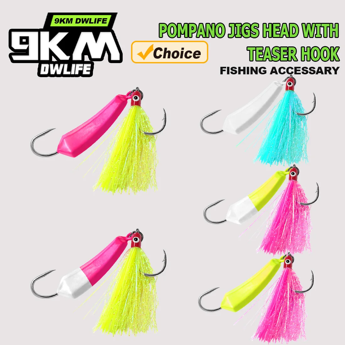 9KM Pompano Jigs mit Teaser-Haken, 5 Stück, Swimbait Jigs Kopfhaken für Brandungsangeln, Stand-Up-Jig, Salzwasser, für Whiting und Redfish