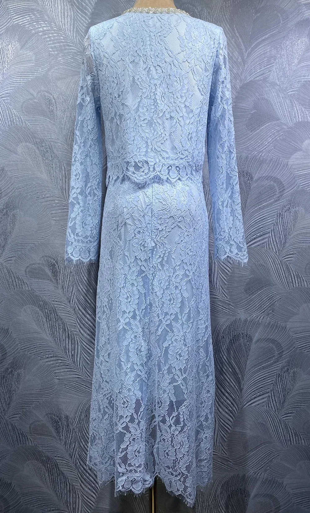 Top Quality New Long Skirt Suits 2025 Autumn Winter Sets Women Beading Deco Long Sleeve Lace Tops+Blue Pink Long Lace Skirt Sets