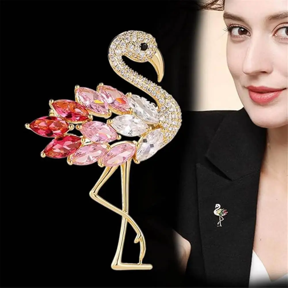 Brooch Gift Elegant Flamingo Rhinestone Brooch for Women Stylish Suit Coat Pin with Anti-slip Design Wear-resistant for Prom