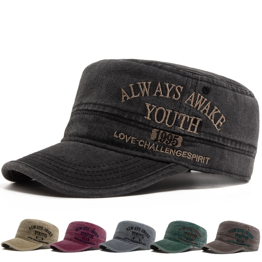 Chapéu plano vintage masculino carta bordado viseira boné militar ao ar livre verão retro exército caminhoneiro chapéus feminino bonés de beisebol ajustável