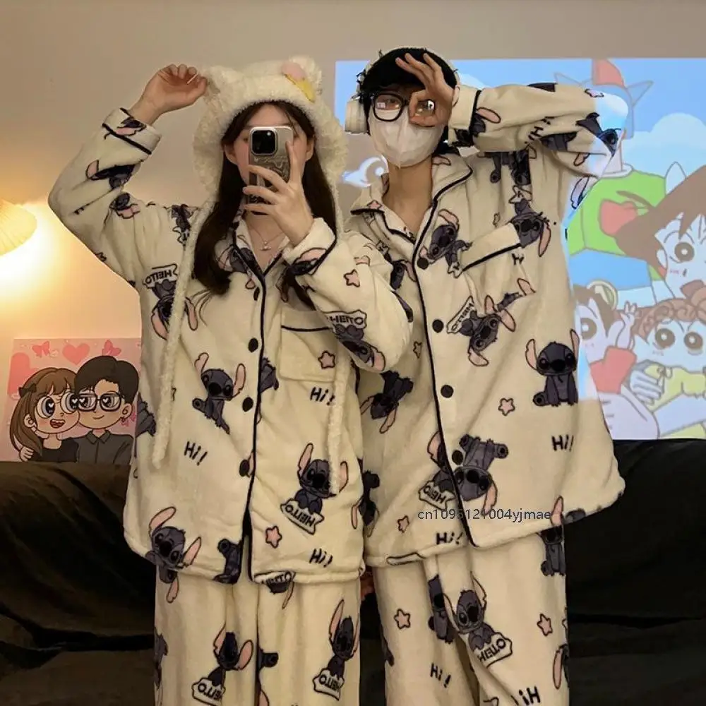 2Pcs Disney Cartoon Stitch Women Men Couple Coral Fleece Pajamas Suit Cute Plush Lapel Cardigan Top Pants Sleepwear Y2K Clothes