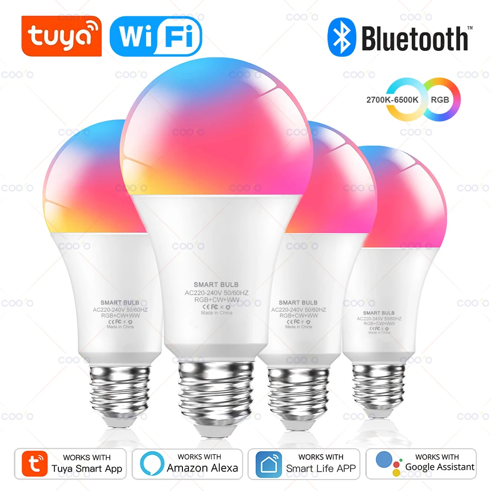 COOLO E27 Tuya WiFi/Bluetooth Lampada RGB светодиодные лампы с регулируемой яркостью AC 220 В-240 В умная лампа для Alexa Google Assistant Smart Life