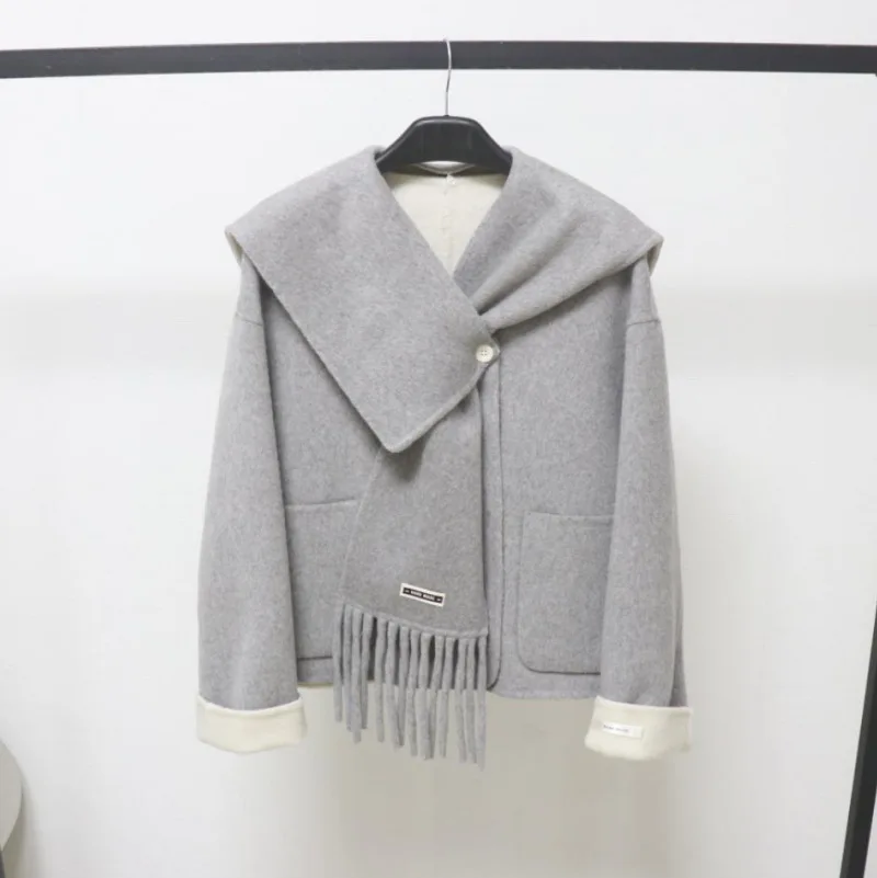 

Women's Japan Style Scarf Collar Long Sleeve Single Breasted Loose Wool Jacket Lady Autumn Winter Warm Pocket Short Wool Outwear