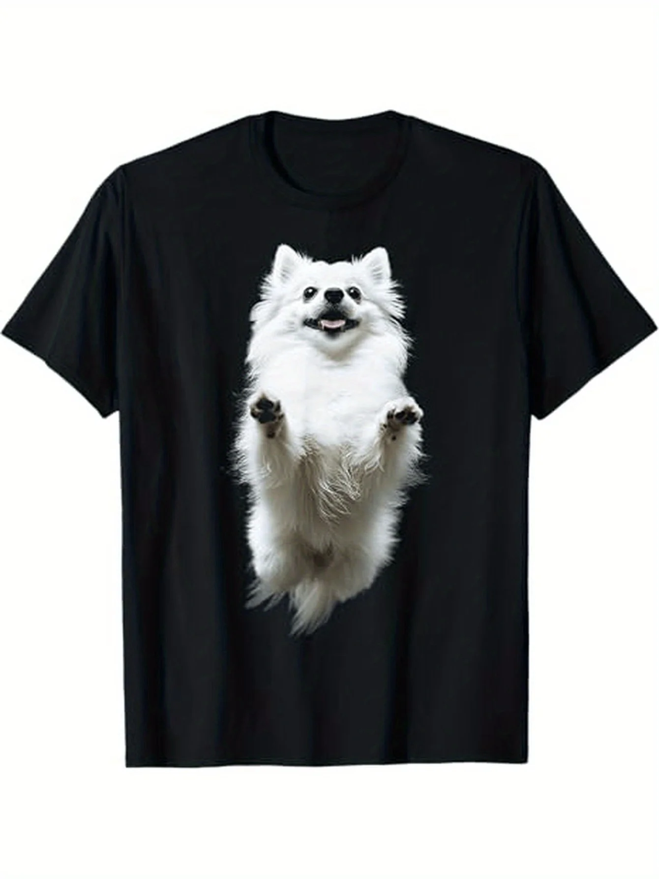 

Jumping White Pomeranian Dog Graphic T-Shirt Soft Cotton Crew Neck Tee for Casual Trip