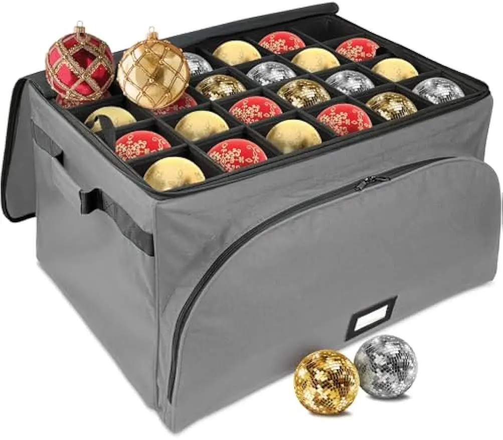

Christmas Ornament Storage Box - Holds 72 Decorations, Adjustable Dividers, 3 Removable Trays, Durable Fabric